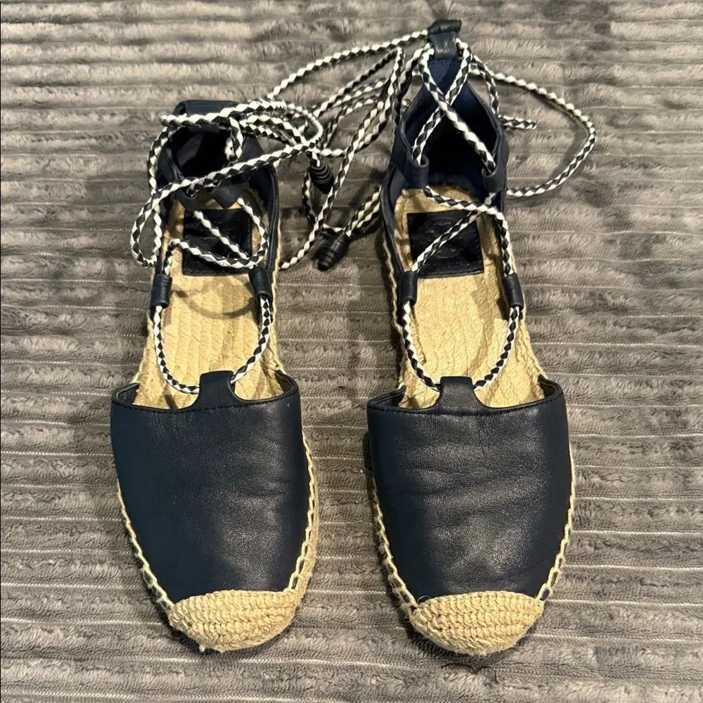 Tory Burch Navy Leather Espadrille Lace-Up Flats
